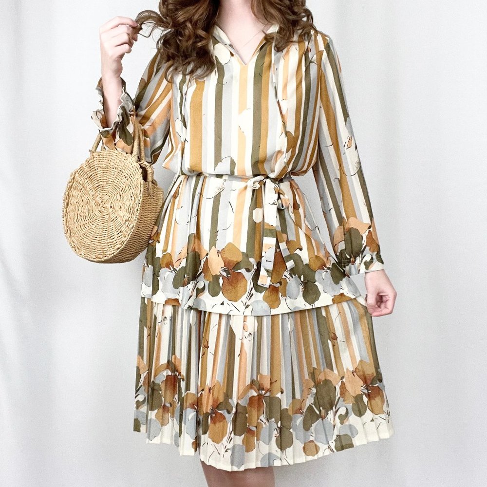 Stunning Vintage Mid Century Modern Pleated Striped Dress Oversized Set 50s 60s - Picture 10 of 10